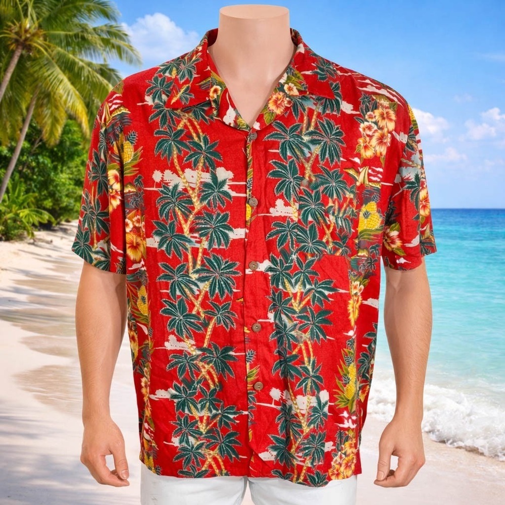 Pineapple Connection Hawaiian Aloha Shirt Large Palms Tropical‎ Flowers NWT